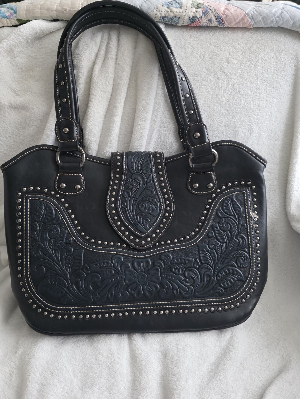 Montana West Tooling Studded Conceal Carry Handbag Dark Blue Western Chic Rodeo